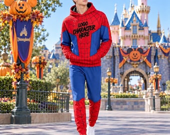 May include: A red and blue hooded sweatshirt and matching sweatpants set featuring a black spiderweb pattern. The chest of the hoodie displays the text "LOGO CHARACTER HERE" in bold black letters. The outfit includes a front kangaroo pocket.