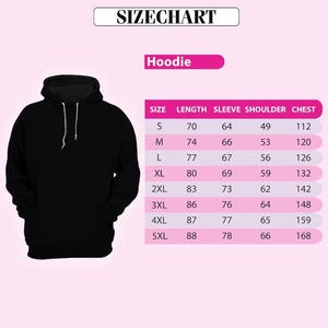 a black hoodie with a size chart below it, providing measurements for different sizes.