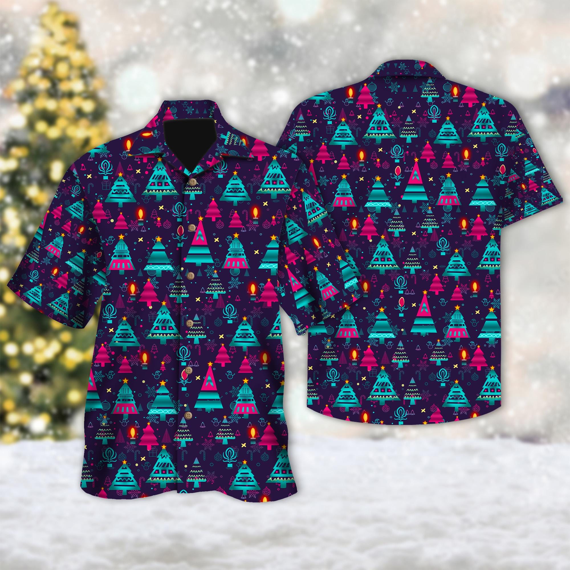 Discover Neon Christmas Tree Hawaiian Shirt, Christmas Tree Button Up Shirt, Xmas Party Hawaiian Shirt, Christmas Holiday Shirt