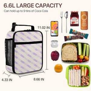 May include: A white and lavender striped lunch bag with a black handle and mesh side pocket. The bag is 28 cm tall, 22 cm wide, and 11 cm deep. The bag can hold up to 9 cans of Coca Cola. The image also shows a lunchbox with food, a phone, and other items.