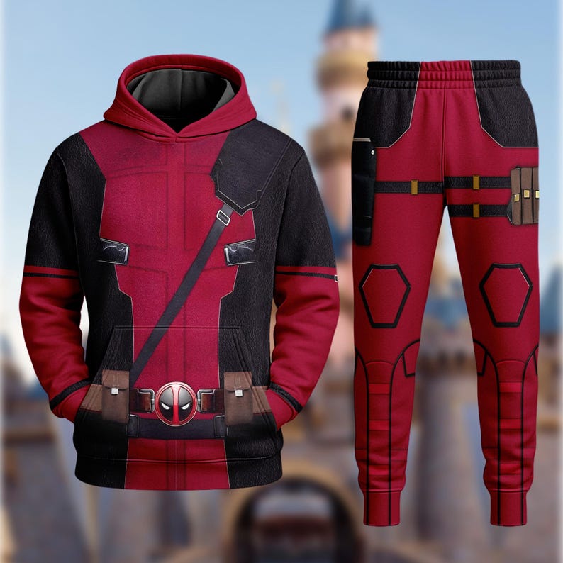 A red hoodie and black pants with a distinctive design, resembling the costume worn by the Marvel superhero Deadpool.