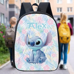 May include: Black backpack with a colorful design featuring the character Stitch, the name "Alex" in light blue, and a floral pattern. The backpack has black straps and a top handle, suitable for school or travel.
