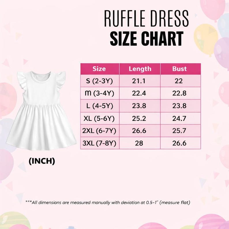 Puede incluir: Vestido blanco con volantes y tabla de tallas. La tabla enumera las tallas S a 3XL, con medidas de largo y busto en pulgadas. El vestido tiene mangas con volantes y una falda fruncida. El texto "RUFFLE DRESS SIZE CHART" est&aacute; en la parte superior.
