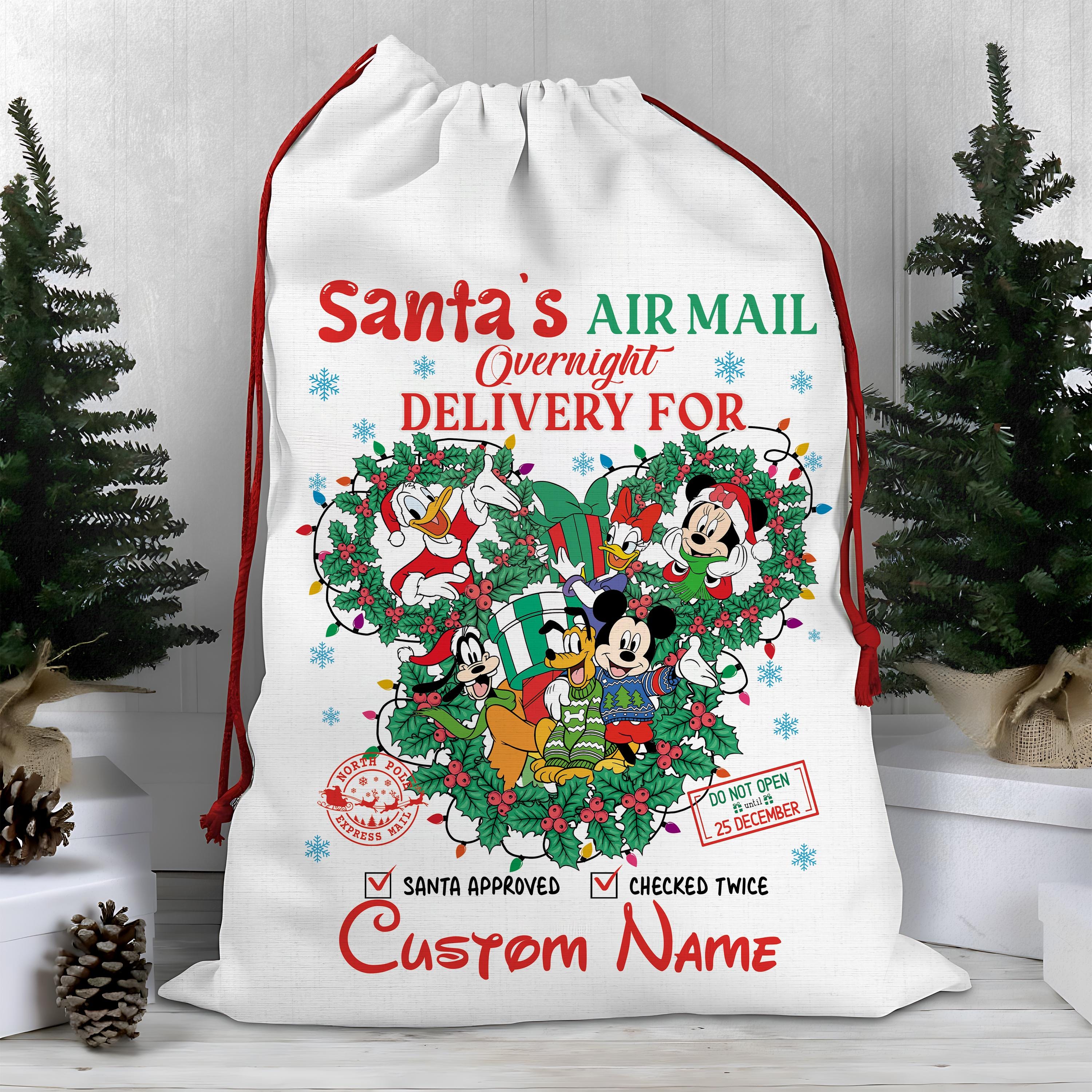 Discover Personalized Disney Mickey and Friends Santa's Mail Drawstring Sack, Mickey Mouse And Friends Xmas Sack, Custom Christmas Bag Gift For Kid