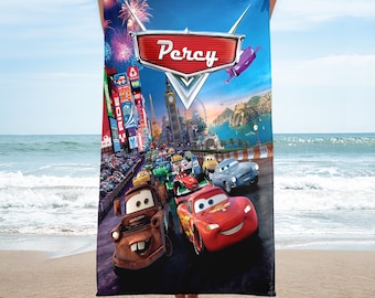 Personalized Car Racer Plush Beach Towel, Custom Name Animated Movie Poster Towel, Magic Kingdom, Summer Vacation Gift, Cartoon Towel