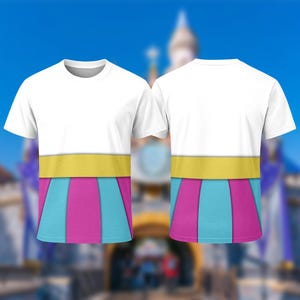 May include: A short-sleeved white t-shirt featuring a horizontal yellow band across the midsection and a skirt-like pattern of alternating vertical light blue and magenta panels on the lower portion, shown from both front and back views.