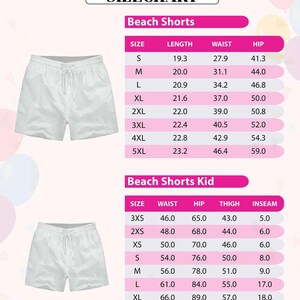 May include: White beach shorts with a drawstring waist are displayed next to a size chart. The chart provides measurements for adult and kid sizes, including length, waist, hip, thigh, and inseam in inches and centimeters.