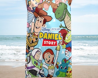 Personalized Toy Movie Beach Towels, Custom Name Beach Towel, Funny Toy Blanket Towel, Toy Movie Summer Beach Towel, Family Trip Towel