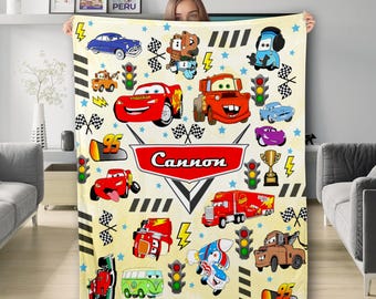 Personalized Cars Blanket, Custom Name Cars Movie Fleece Blanket, Racing Car Lightning Characters Blanket, Birthday Kid Gifts, Cartoon Quilt
