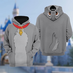 May include: A gray hooded sweatshirt featuring a cartoon dog design. The front of the sweatshirt has a red collar with a gold pendant. The hood has a dog face design. The back of the sweatshirt has a dog tail design.
