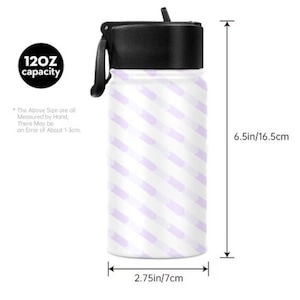 May include: A white water bottle with a black lid and handle, decorated with a diagonal lavender stripe pattern. The bottle is 16.5 cm tall and 7 cm wide, with a 12 oz capacity.