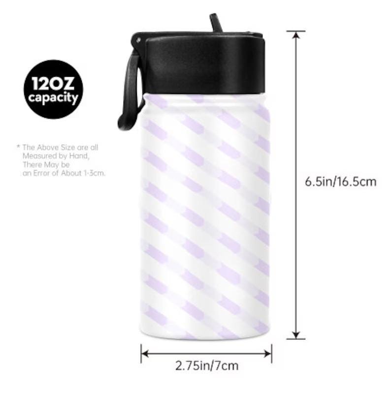 May include: A white water bottle with a black lid and handle, decorated with a diagonal lavender stripe pattern. The bottle is 16.5 cm tall and 7 cm wide, with a 12 oz capacity.