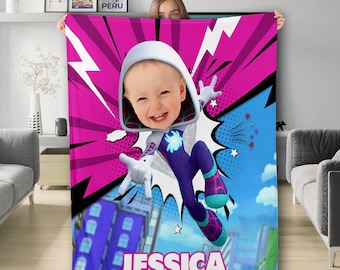 Custom Photo & Name Spidey and His Amazing Friends Superhero Blanket, Gwen Blanket, Gwen Spiderman Birthday Girl