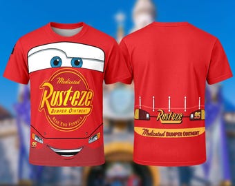 Lightning McQueen Unisex Costume T-Shirt, Cars Lightning McQueen Cosplay Costume Shirt, Cars Rusteze Logo Halloween All Over Print Tee