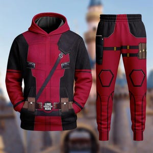 May include: A red and black hooded sweatshirt and matching sweatpants set featuring a printed tactical suit design. The hoodie includes a diagonal strap, utility belt with pouches, and a circular emblem with the text LOGO CHARACTER HERE.