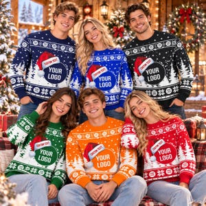 May include: A collection of five long-sleeved crewneck jumpers in navy blue, royal blue, black, green, orange, and red. Each jumper features a central circular logo area, a Santa hat graphic, and a repeating winter-themed snowflake and tree pattern.