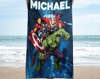 Personalized Superhero Avenger Beach Towels, Custom Name Hulk Captain American Thor Beach Towel, Hulk Hero Towel, Superhero Theme Towel