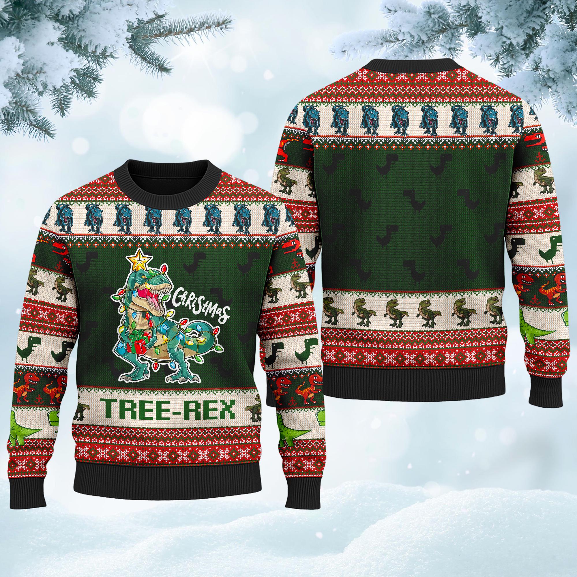 Discover Christmas Tree-Rex Ugly Christmas Sweater, Funny Dino T-Rex Xmas Sweatshirt, Christmas Gift For Men Women Kid, Dinosaur Jumper