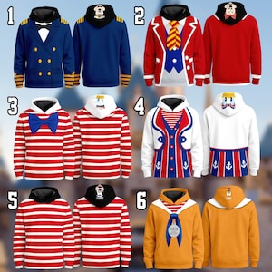 May include: Six hooded sweatshirts with different designs. The sweatshirts have nautical and cartoon character themes, including a navy blue captain's jacket, a red jacket with a yellow tie, and red and white striped shirts.