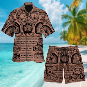 May include: A brown and black patterned shirt and matching shorts. The pattern features a Polynesian tribal design with geometric shapes and symbols.