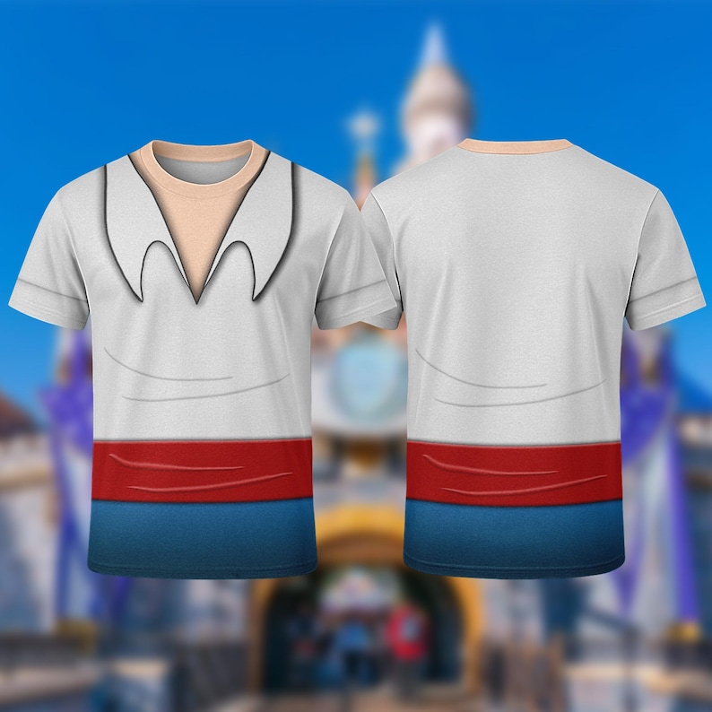 A white t-shirt with a red and blue stripe, featuring a graphic design on the front.