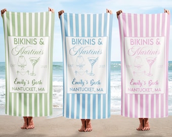 Custom Bikinis and Martinis Bachelorette Beach Towel, Cocktail Bachelorette Party Towels, Bridesmaid Beach Towel, Wedding Gift for Her