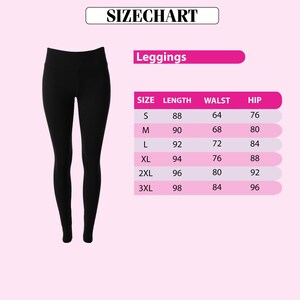 a pair of black leggings with a size chart below them, providing measurements for different sizes.