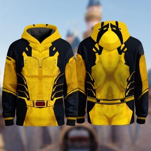 A yellow and black hooded sweatshirt with a distinctive design, resembling a superhero costume.