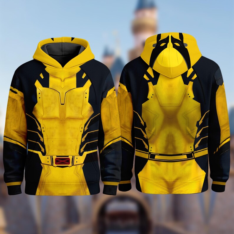 A yellow and black hooded sweatshirt with a distinctive design, resembling a superhero costume.