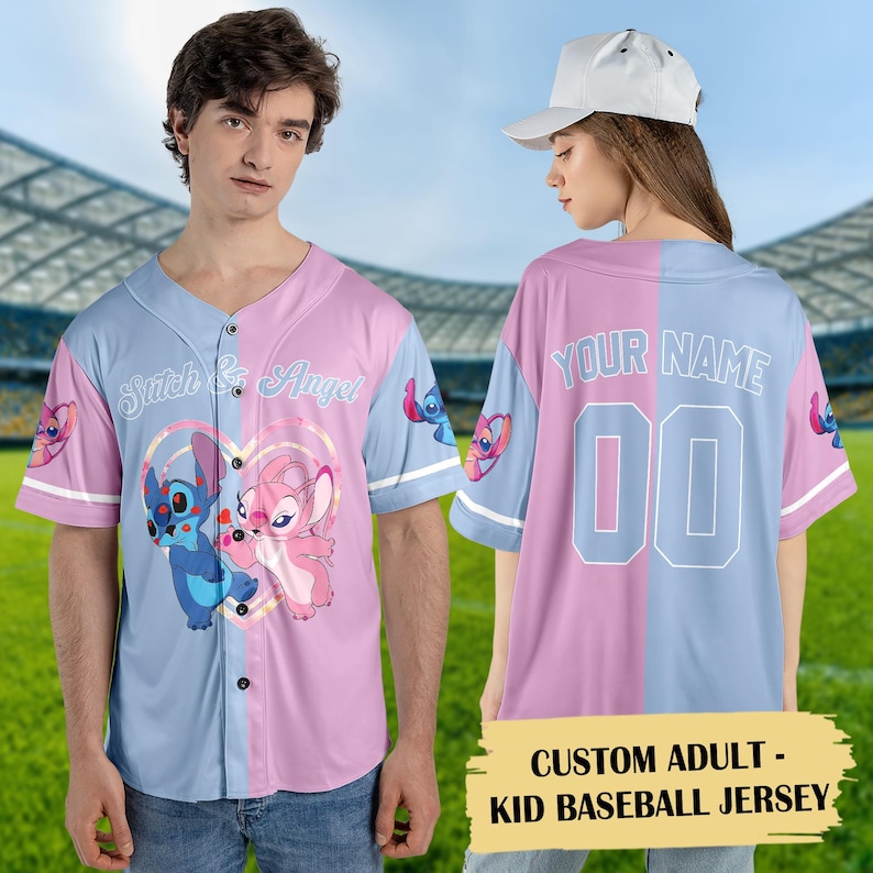 Personalized Stitch And Angel Baseball Jersey, Couple Lovers Baseball Shirt, Stitch And Angel Basketball Jersey, Cartoon Baseball Gift image 2