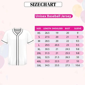 a size chart for a unisex baseball jersey, with a white jersey and a table of size measurements and corresponding sizes.