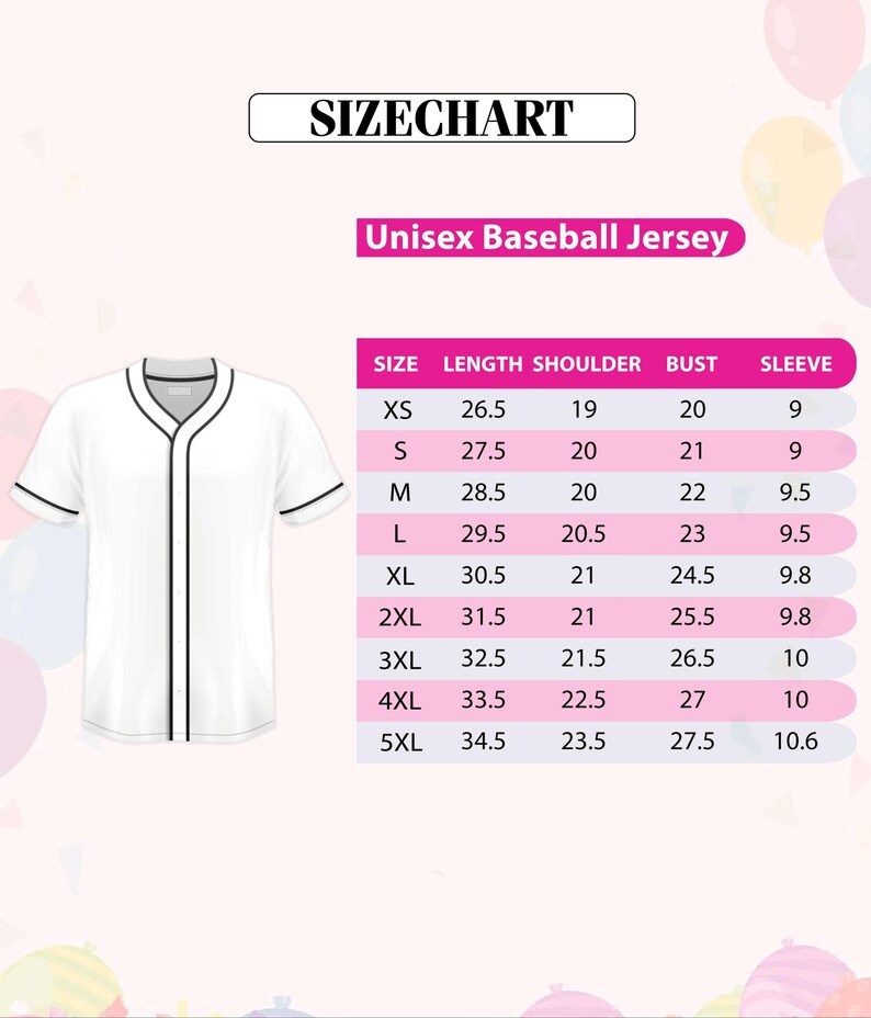 a size chart for a unisex baseball jersey, with a white jersey and a table of size measurements and corresponding sizes.