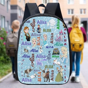 May include: A black backpack with a light blue front panel featuring illustrations of characters and the name "Alisa" from the movie Frozen. The backpack has a top handle and two shoulder straps.