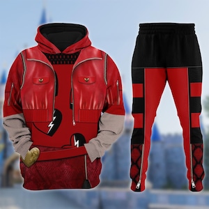 May include: A red hoodie and matching trousers set. The hoodie features a red faux leather jacket design with a black hood and zipper. The trousers are black and red with a checkered pattern and zippers at the ankles. The set has a heart and lightning bolt design.