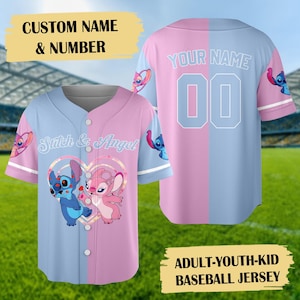 Personalized Stitch And Angel Baseball Jersey, Couple Lovers Baseball Shirt, Stitch And Angel Basketball Jersey, Cartoon Baseball Gift image 1