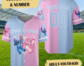 Personalized Stitch And Angel Baseball Jersey, Couple Lovers Baseball Shirt, Stitch And Angel Basketball Jersey, Cartoon Baseball Gift