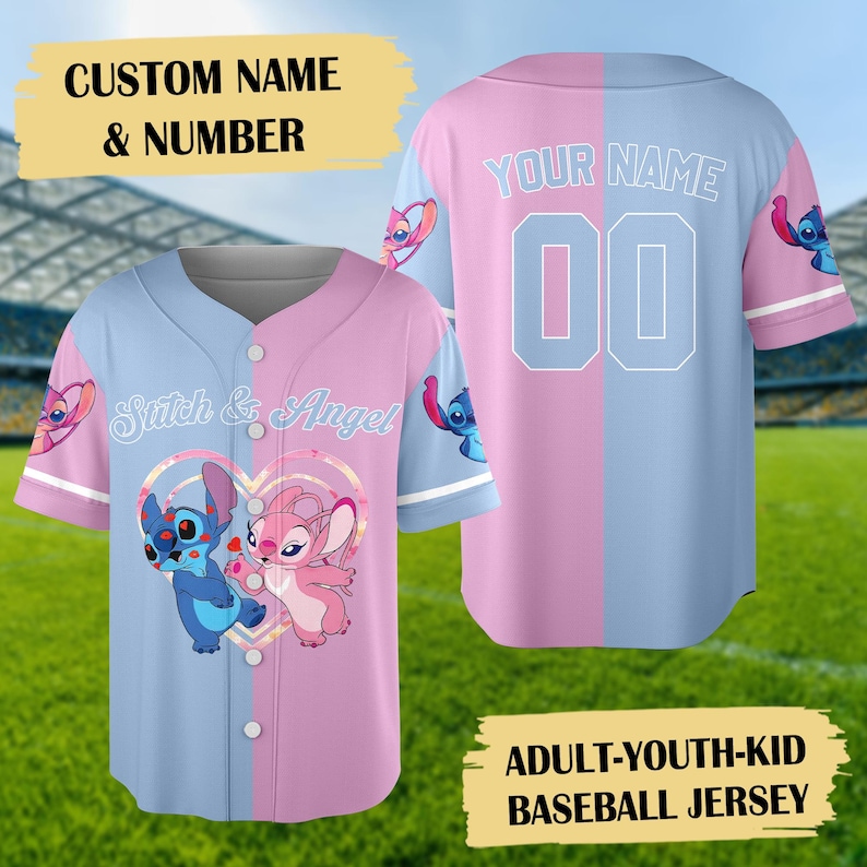Personalized Stitch And Angel Baseball Jersey, Couple Lovers Baseball Shirt, Stitch And Angel Basketball Jersey, Cartoon Baseball Gift image 1
