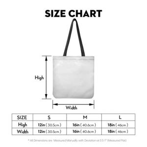 May include: White tote bag with black handles, size chart included. The chart shows the bag's dimensions: Small (30.5cm high and 30.5cm wide), Medium (40.6cm high and 40.6cm wide), and Large (46cm high and 46cm wide).