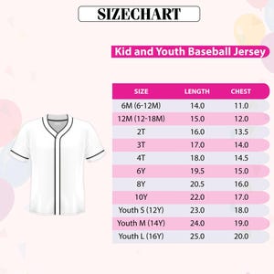a size chart for a kid and youth baseball jersey, showing the size and length for different age groups.