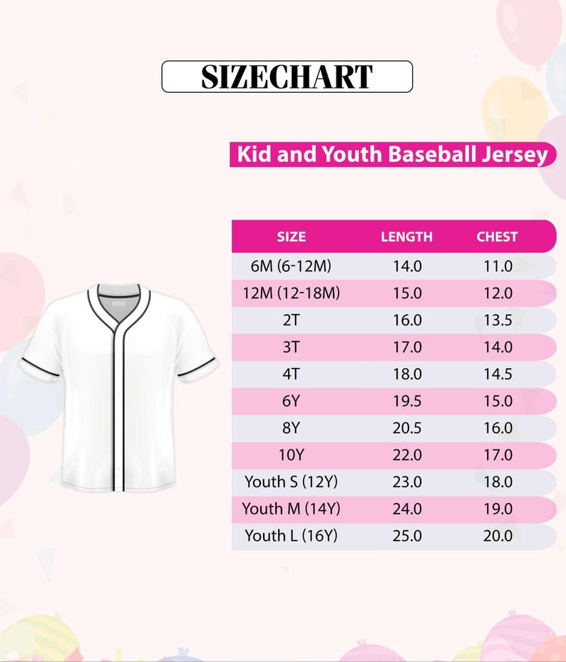 a size chart for a kid and youth baseball jersey, showing the size and length for different age groups.