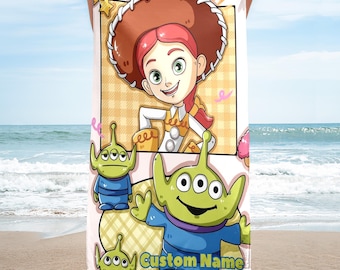 Personalize Jessie And Little Green Aliens Beach Towels, Toy Story Beach Towels, Custom Name Beach Towel, Disney Toy Story Beach Towel