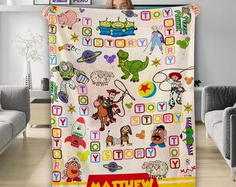 Personalized Watercolor Toy Story Blanket, Custom Name Baby Blanket, Woody Buzz Lightyear Jessie Rex Cowboy Toy Story Birthday Gift