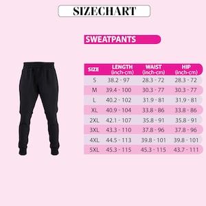 a pair of black sweatpants with a size chart indicating the waist, hip, and leg measurements for different sizes.