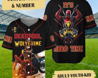 Custom Deadpool And Wolverine It's Hero Time Baseball Jersey, Deadpool Jersey Shirt, Spider Man Baseball Jersey Team, Superhero Shirt