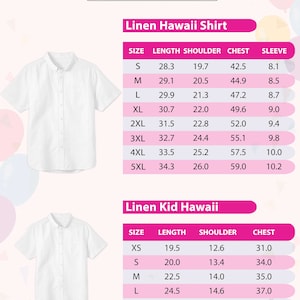 May include: White linen Hawaii shirts and size chart. The size chart includes measurements for length, shoulder, chest, and sleeve in inches. The chart also includes measurements for children's sizes.