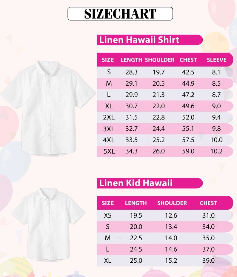 May include: White linen Hawaii shirts and size chart. The size chart includes measurements for length, shoulder, chest, and sleeve in inches. The chart also includes measurements for children's sizes.