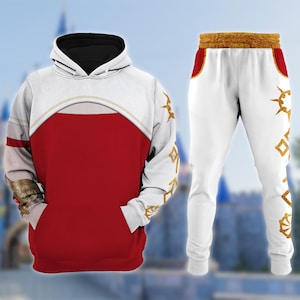 May include: A matching white and red hoodie and sweatpants set. The hoodie has a black hood, white sleeves, and a red torso. The sweatpants are white with gold accents. The set features a unique design.