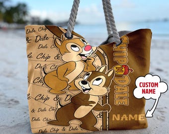 Personalize Chip and Dale Squirrel Tote Bag, Chip n Dale All Over Print Beach Bag, Summer Vacation Beach Bag, TV Series Movie Tote Bag