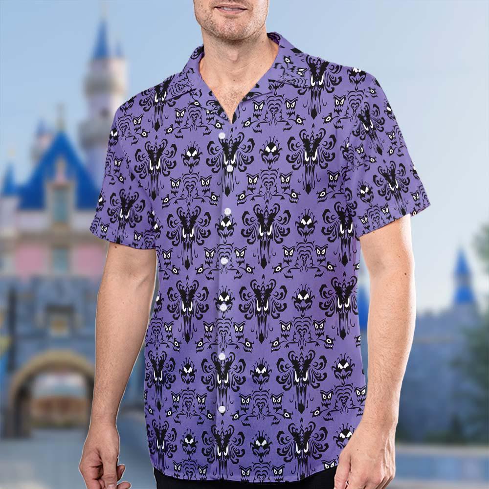 Discover Haunted Mansion Symbol Pattern Hawaiian Shirt, Hitchhiking Ghosts Hawaiian Shirt, Horror Movie Button Up, Halloween Trick Or Treat