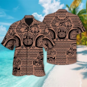 May include: Two brown short-sleeved shirts with a black and white Polynesian tribal pattern. The pattern includes geometric shapes, waves, and a stylized human face.